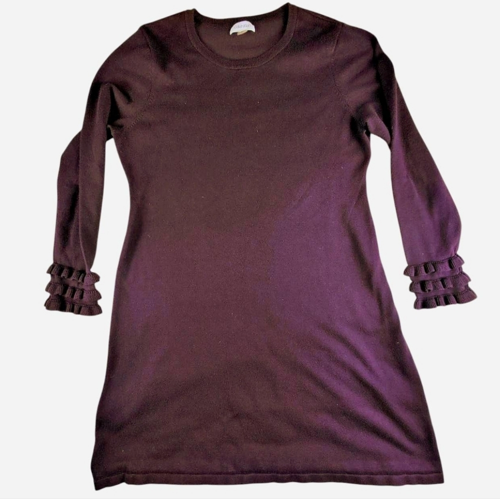 Calvin Klein Eggplant‎ Purple Sweater Dress with Ruffled Long Sleeves Sizes XL